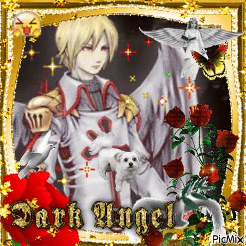 Dark Angel Surrounded By Roses And Birds GIF