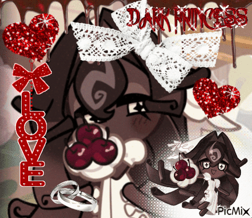 A Picture Of A Dark Princess Surrounded By Hearts And Love GIF