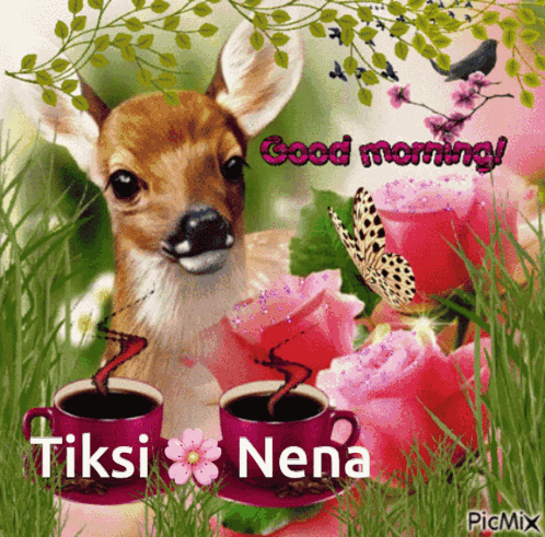 A Picture Of A Deer With Two Cups Of Coffee And The Words Good Morning Written On It GIF