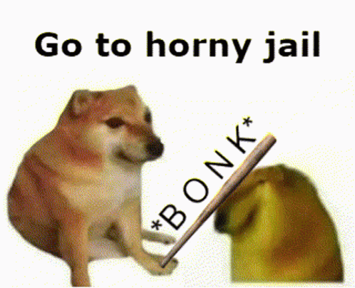 A Picture Of A Dog Holding A Bat With The Words Go To Horny Jail Below It GIF