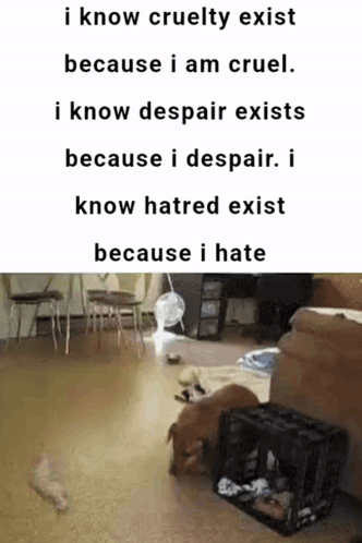 A Picture Of A Dog In A Cage Next To A Quote That Says I Know Cruelty Exists Because I Am Cruel GIF