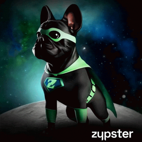 A Picture Of A Dog In A Superhero Costume With The Word Zupster Underneath It GIF