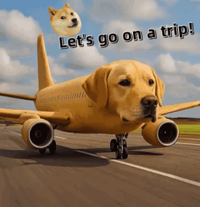 A Picture Of A Dog Shaped Like An Airplane With The Words Let 'S Go On A Trip GIF