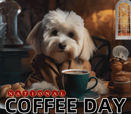 A Picture Of A Dog Sitting At A Table With A Cup Of Coffee And The Words National Coffee Day Below It GIF
