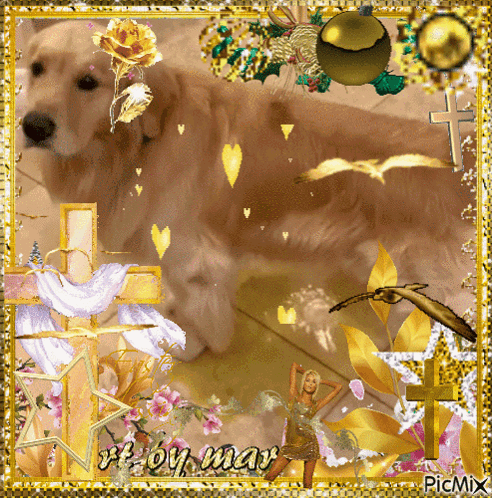 A Picture Of A Dog Surrounded By Flowers And Crosses With A Picmix Watermark On The Bottom GIF