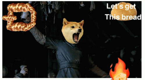 A Picture Of A Dog With A Pretzel In Its Mouth And The Words Let 'S Get This Bread GIF