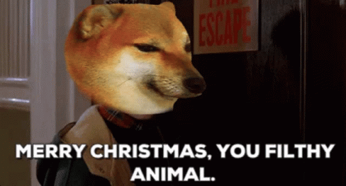 A Picture Of A Dog With The Words Merry Christmas You Filthy Animal On The Bottom GIF