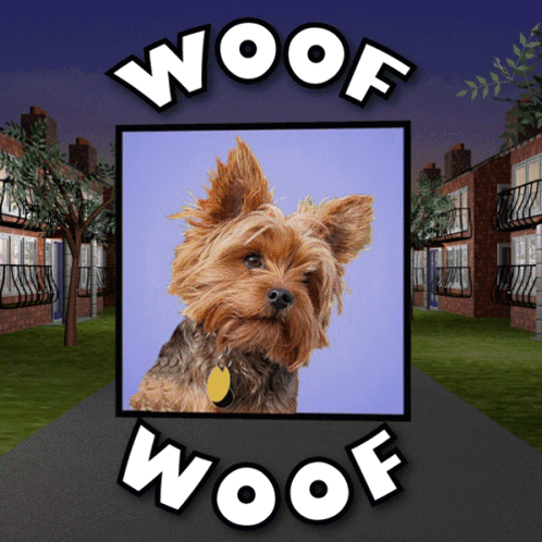 A Picture Of A Dog With The Words Woof Woof On It GIF