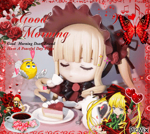 a picture of a doll sitting at a table with a cup of coffee and a piece of cake
