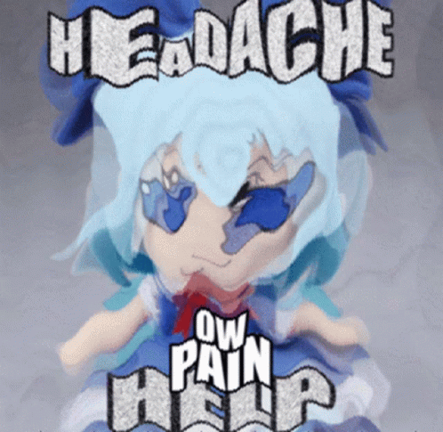 A Picture Of A Doll With The Words Headache Ow Pain Help Above It GIF