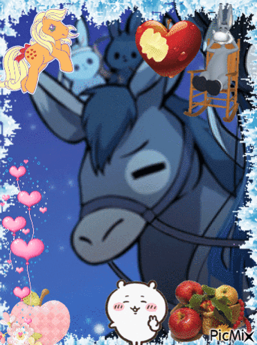 A Picture Of A Donkey Surrounded By Apples And Hearts With A Picmix Sticker GIF