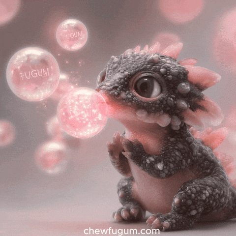 A Picture Of A Dragon Blowing Bubbles With Fugum Written On Them GIF