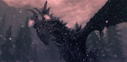 A Picture Of A Dragon In The Snow With A Watermark That Says ' Skyrim ' On It GIF