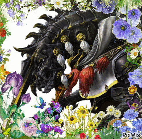 A Picture Of A Dragon Surrounded By Flowers And Butterflies With The Words Picmix At The Bottom GIF