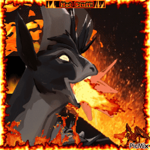 A Picture Of A Dragon With Fire Coming Out Of Its Mouth And The Words Hot Stuff GIF