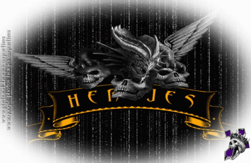 A Picture Of A Dragon With Skulls And The Word Hejes On A Banner GIF
