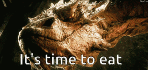 A Picture Of A Dragon With The Words It 'S Time To Eat GIF