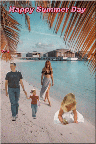 A Picture Of A Family Walking On The Beach With The Words Happy Summer Day GIF