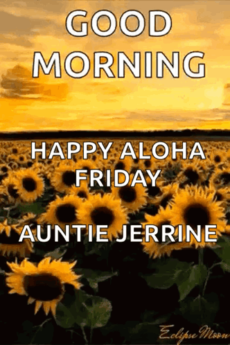 A Picture Of A Field Of Sunflowers With The Words " Good Morning Happy Aloha Friday Auntie Jerrine " GIF