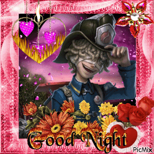 A Picture Of A Fireman With Flowers And The Words Good Night GIF