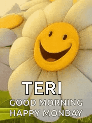 A Picture Of A Flower With A Smiley Face And The Words " Teri Good Morning Happy Monday " On It GIF