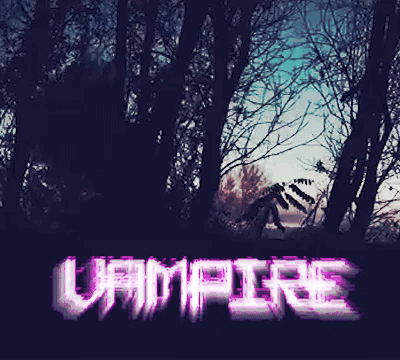 A Picture Of A Forest With The Word Vampire Written In Purple GIF