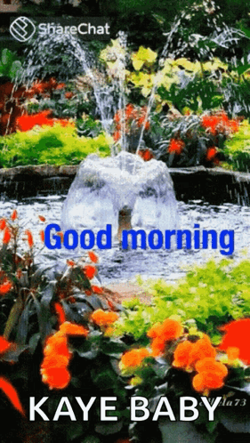 A Picture Of A Fountain And Flowers With The Words Good Morning Kaye Baby GIF