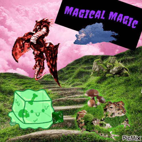 A Picture Of A Frog A Dragon And A Cube With The Words Magical Magic On Top GIF