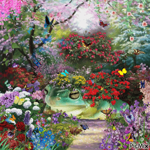 A Picture Of A Frog Surrounded By Flowers And Butterflies With The Words Picmix On The Bottom GIF
