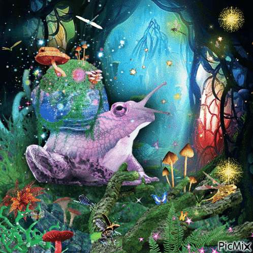 A Picture Of A Frog Surrounded By Mushrooms And Butterflies With Picmix Written On The Bottom Right GIF