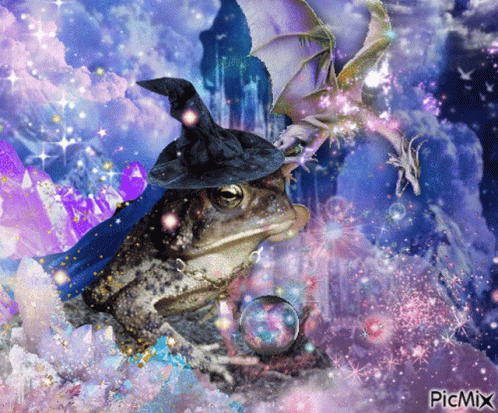 A Picture Of A Frog Wearing A Witch Hat And Holding A Crystal Ball With A Dragon In The Background GIF