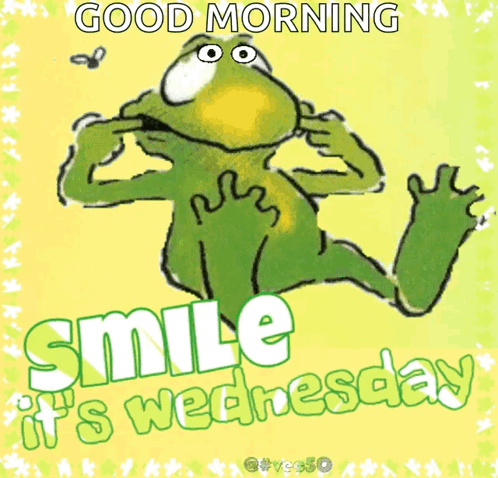 A Picture Of A Frog With The Words " Good Morning Smile It 'S Wednesday " On It GIF