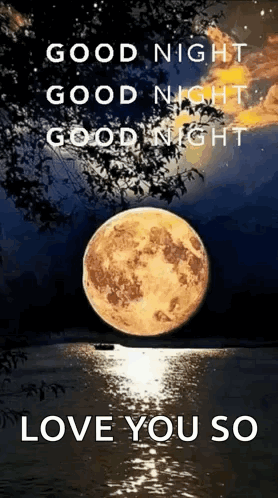 A Picture Of A Full Moon Over A Body Of Water With The Words `` Good Night '' And `` Love You So '' . GIF