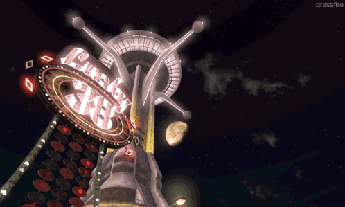 A Picture Of A Futuristic Building With A Sign That Says ' Planet Xxx ' On It GIF