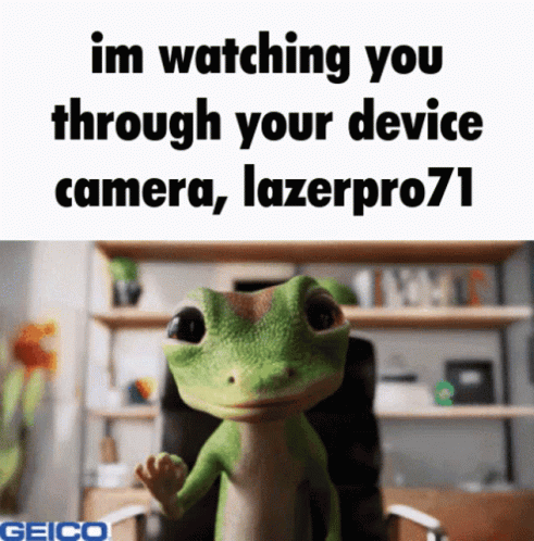 A Picture Of A Gecko That Says " Im Watching You Through Your Device Camera " GIF