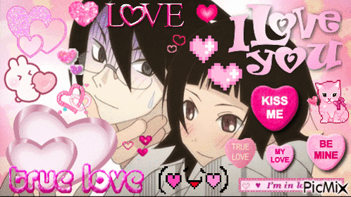 A Picture Of A Girl And A Boy With Hearts And The Words Love And True Love GIF