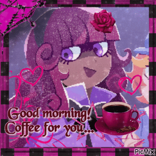 A Picture Of A Girl And A Cup Of Coffee With The Words Good Morning Coffee For You GIF