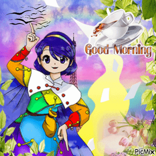 A Picture Of A Girl And A Cup Of Coffee With The Words Good Morning GIF