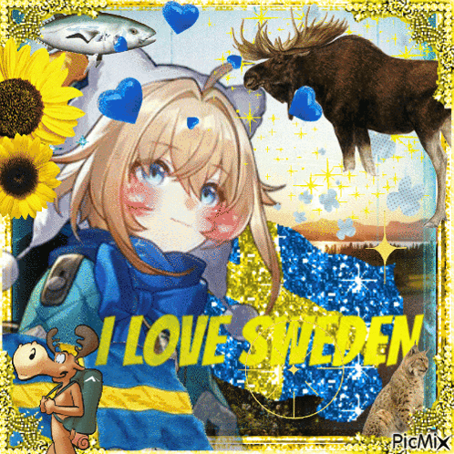 A Picture Of A Girl And A Moose With The Words " I Love Sweden " GIF