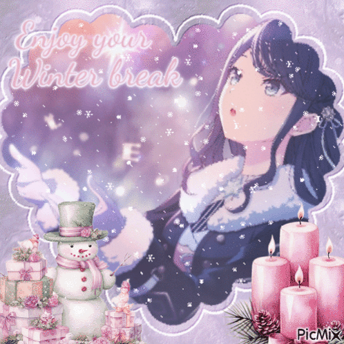 A Picture Of A Girl And A Snowman With The Words Enjoy Your Winter Break Written On It GIF