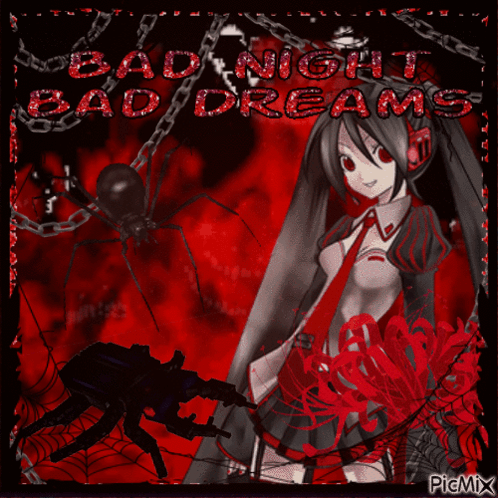 A Picture Of A Girl And A Spider With The Words Bad Night Bad Dreams GIF