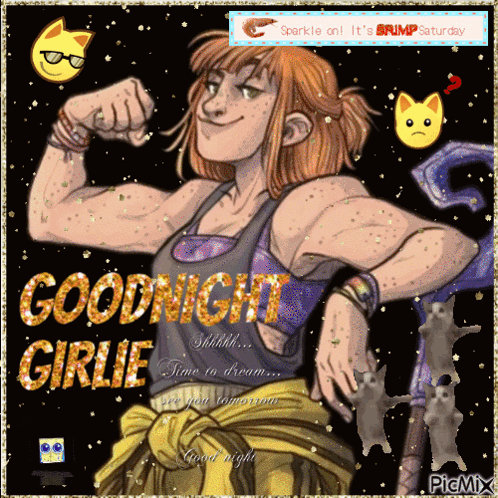 A Picture Of A Girl Flexing Her Muscles With The Words Goodnight Girlie GIF