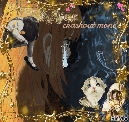 A Picture Of A Girl Hanging From A Chain With The Words Crashout Monde Written On The Bottom GIF