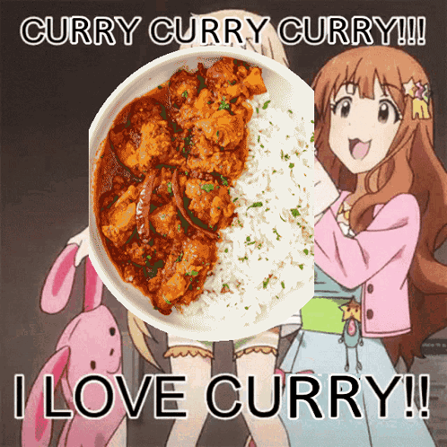 A Picture Of A Girl Holding A Bowl Of Curry With The Words Curry Curry Curry GIF