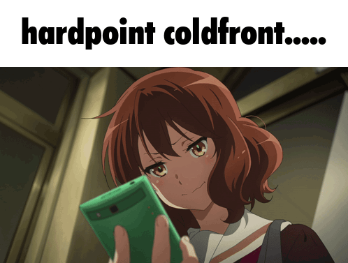 A Picture Of A Girl Holding A Cell Phone With The Words Hardpoint Coldfront Below Her GIF