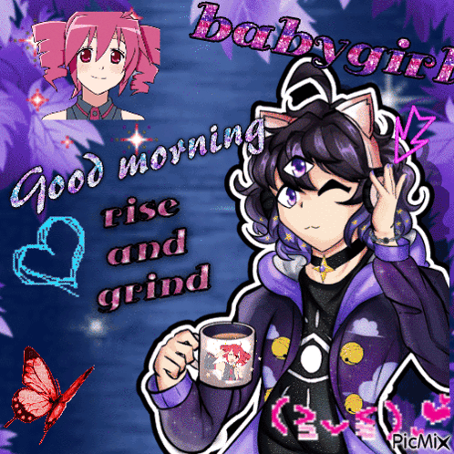 A Picture Of A Girl Holding A Cup That Says Good Morning GIF