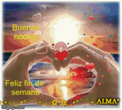 A Picture Of A Girl Holding A Heart With The Words Feliz Fin De Semana On It GIF