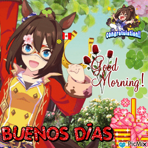 A Picture Of A Girl Holding A Horseshoe And The Words Buenos Dias On The Bottom GIF