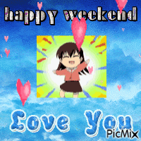 A Picture Of A Girl Holding A Pink Heart With The Words Happy Weekend Love You GIF