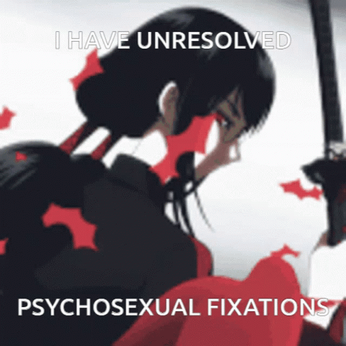 A Picture Of A Girl Holding A Sword With A Caption That Says I Have Unresolved Psychosexual Fixations GIF